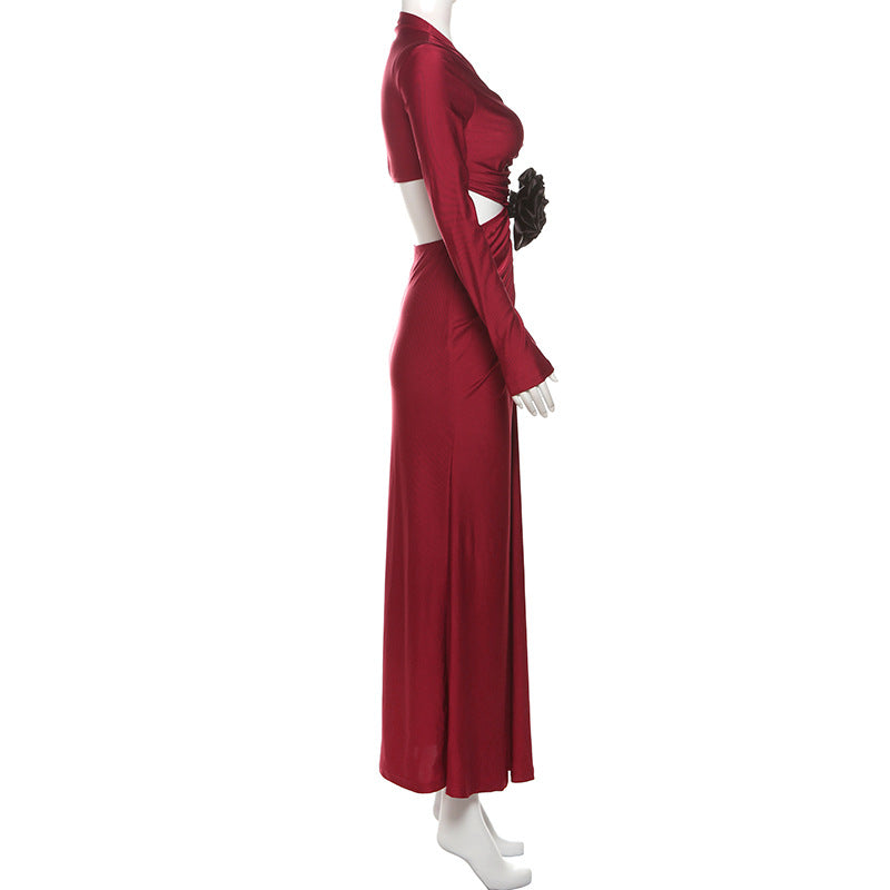 Deep V-Neck Long Sleeve Side Cutout Rosette Waist Ruched Maxi Dress