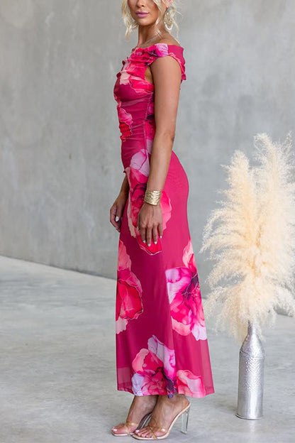 Off the Shoulder Floral Print Bodycon Maxi Dress