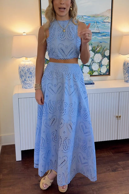 Lace Hollow Out Sleeveless Crop Top High Waist Maxi Skirt Set