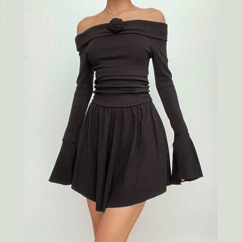 Flower Applique Off Shoulder Flared Sleeve Slit Mini Dress