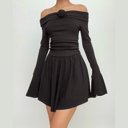 Flower Applique Off Shoulder Flared Sleeve Slit Mini Dress