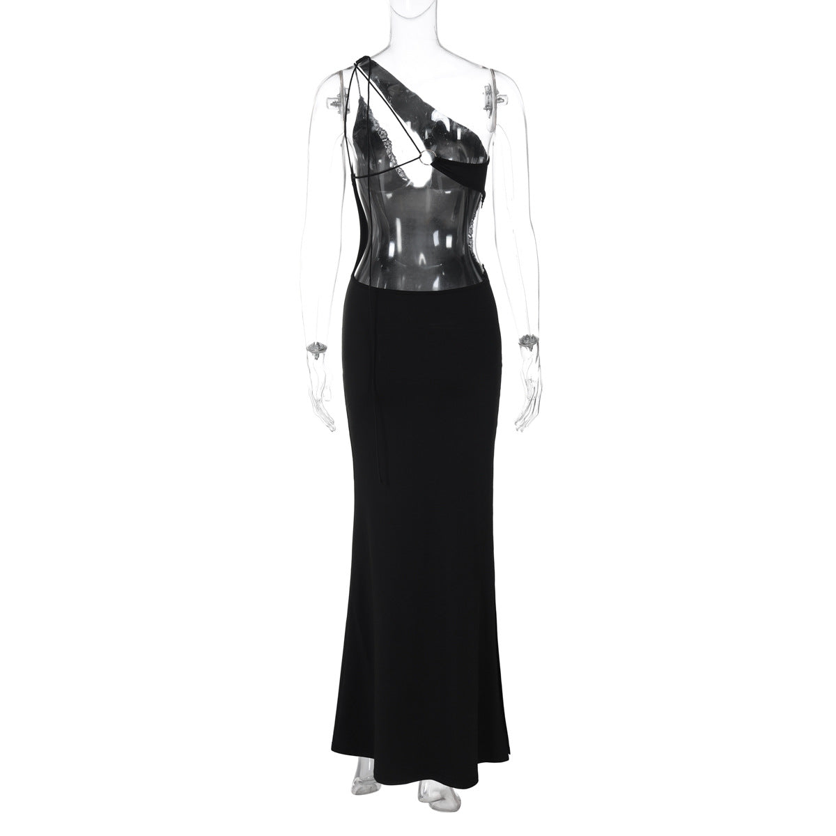 One Shoulder Lace Trim Cutout Side Slit Bodycon Maxi Dress