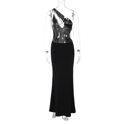 One Shoulder Lace Trim Cutout Side Slit Bodycon Maxi Dress