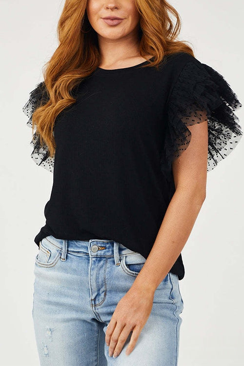 Round Neck Polka Dot Ruffle Short Sleeves Top