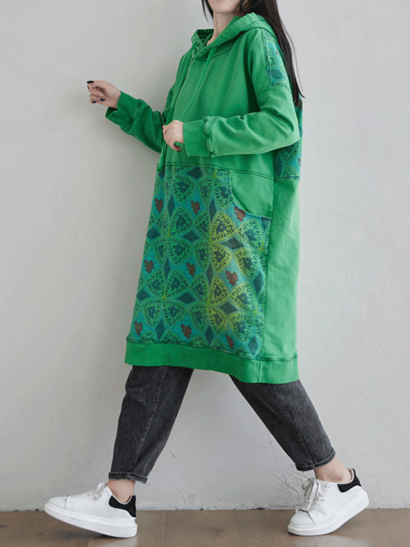 Hooded Kangaroo Pocket Geometric Print Oversized Mini Sweatshirt Dress