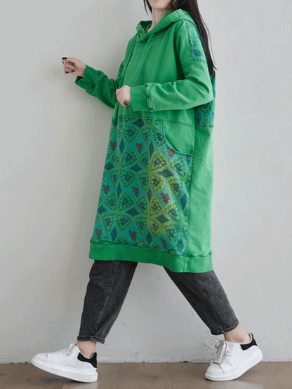 Hooded Kangaroo Pocket Geometric Print Oversized Mini Sweatshirt Dress