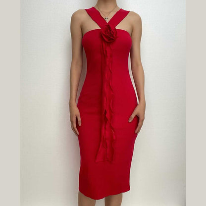 Halter Cross Neck 3D Applique Cascading Ruffle Ribbed Midi Dress