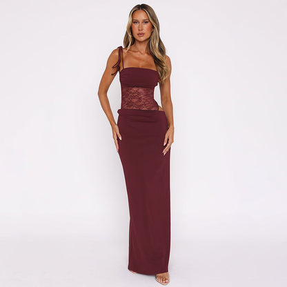 Spaghetti Strap Square Neck Lace Waist Panel Bodycon Maxi Dress