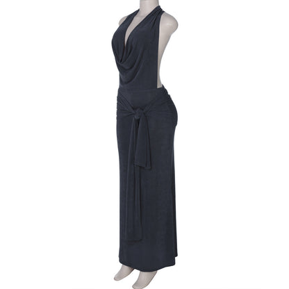 Halter Neck Cowl Drape Side Sash Shimmer Column Maxi Dress