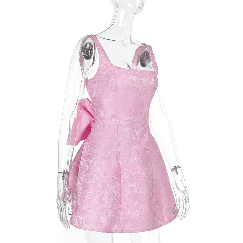 Square Neck Jacquard Brocade Floral Oversized Bow Back Skater Mini Dress