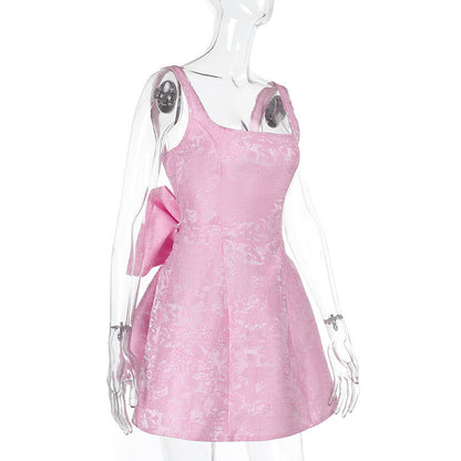 Square Neck Jacquard Brocade Floral Oversized Bow Back Skater Mini Dress