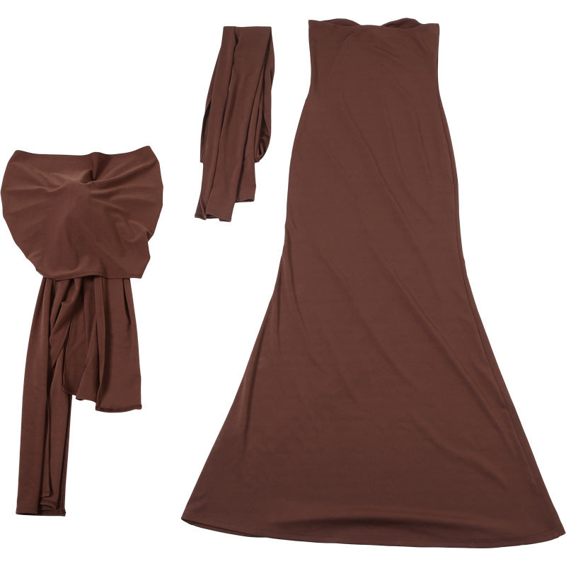 Strapless Sweetheart Front Knotted Sash Drape Mermaid Maxi Gown With Scarf
