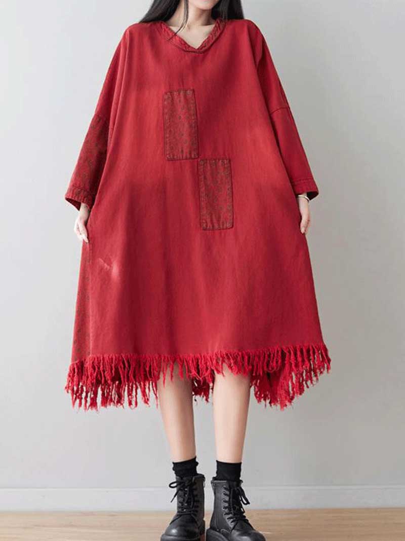 Square Neck Denim Patchwork Pocket Midi Dress