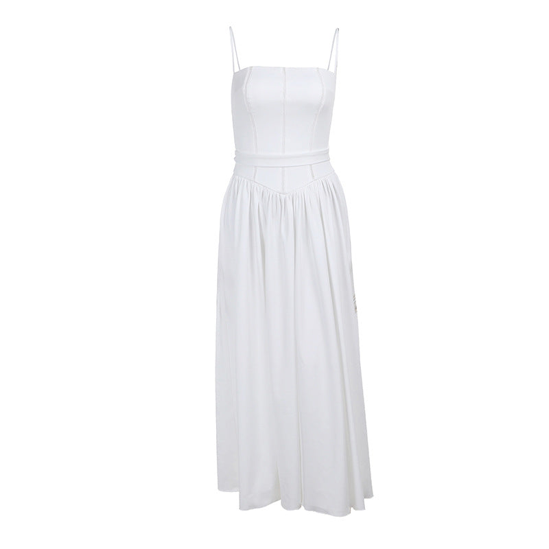 Square Neck Corset Basque Waist Pleated Midi Dress