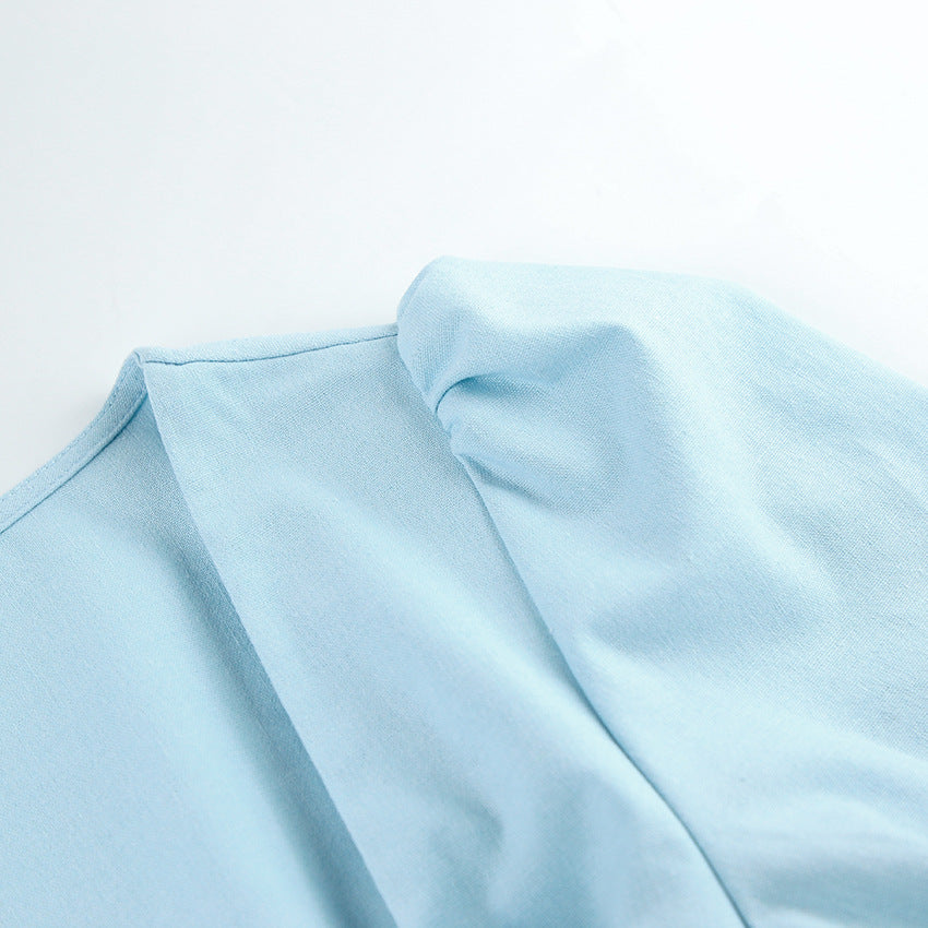 Sweetheart Neck Tie Front Smocked Puff Sleeve Linen Midi Dress