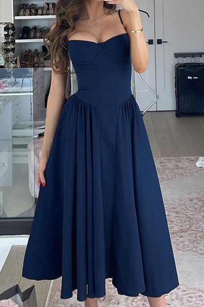 Corset Bustier Spaghetti Strap Basque Waist Gathered Full Midi Dress