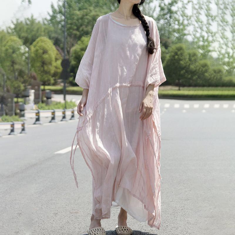 Round Neck Sheer Striped Batwing Sleeve Drawstring Back Maxi Dress
