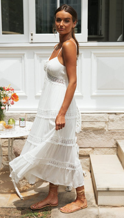 Spaghetti Strap Lace Trim Tie Front Smocked Back Tiered Maxi Dress