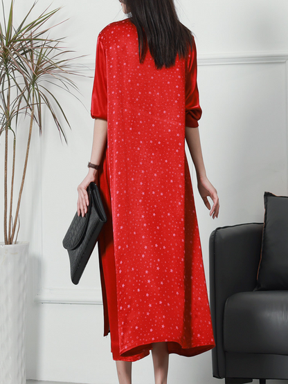 V Neck Three Quarter Sleeve Star Print Color Block Maxi Dress