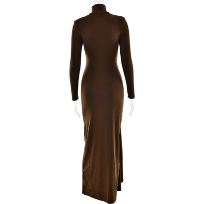 Turtleneck Long Sleeve Twisted Waist Knot High Slit Bodycon Maxi Dress
