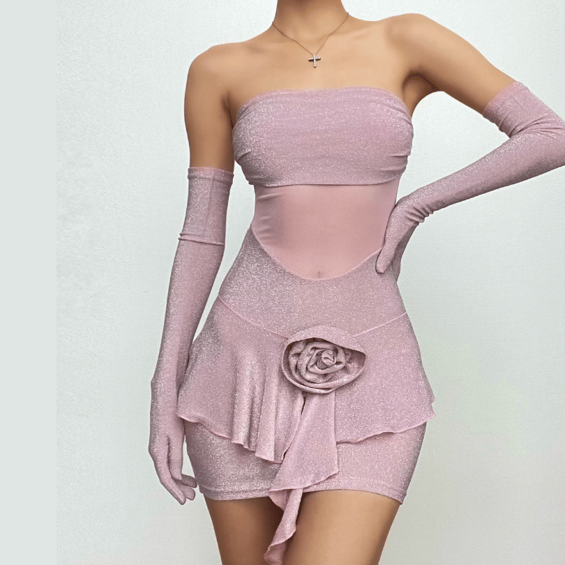 Strapless Glitter Mesh Flower Applique Ruched Ruffle Hem Tube Mini Dress with Opera Gloves
