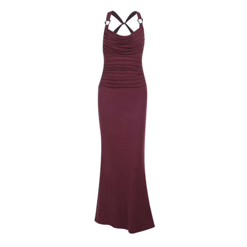 Spaghetti Strap Ruched Drape Side Slit Column Maxi Dress