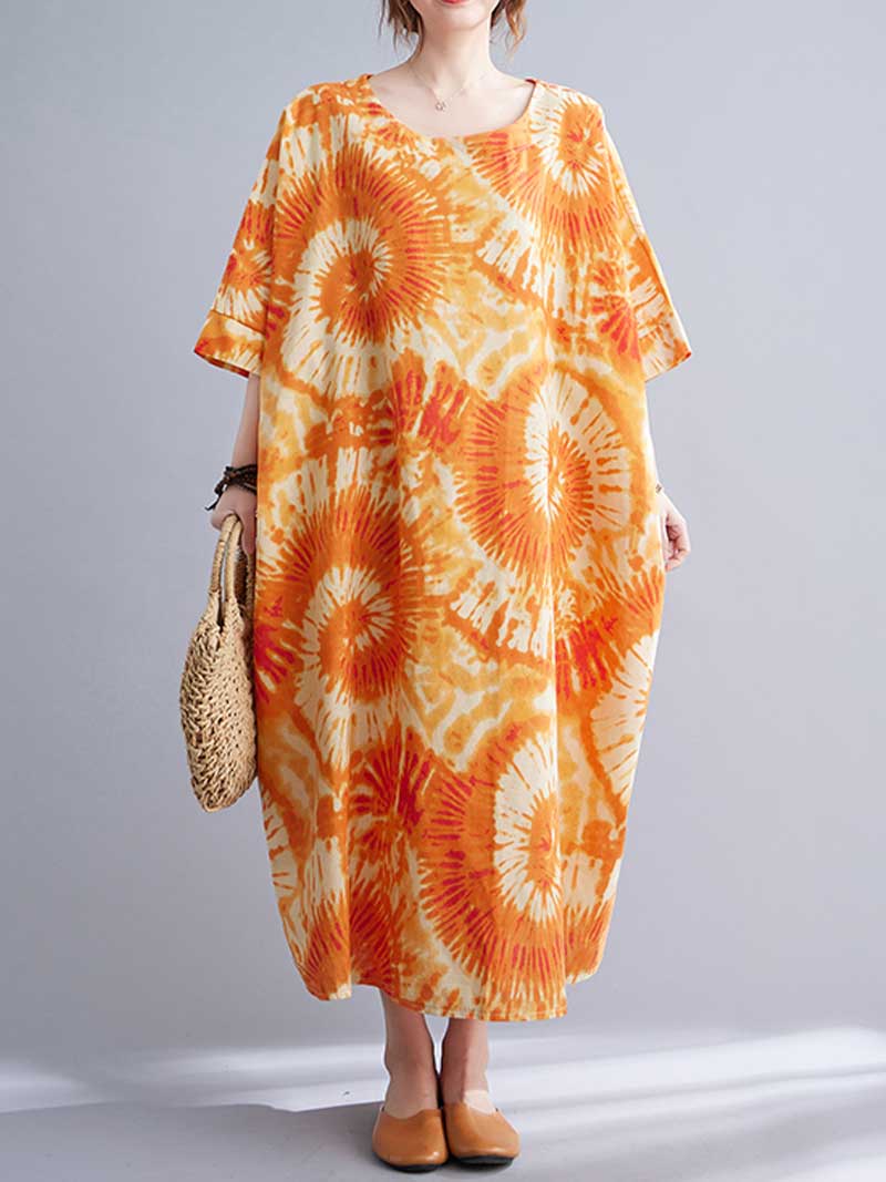 Round Neck Short Sleeve Sunburst Print Oversized Midi Dress