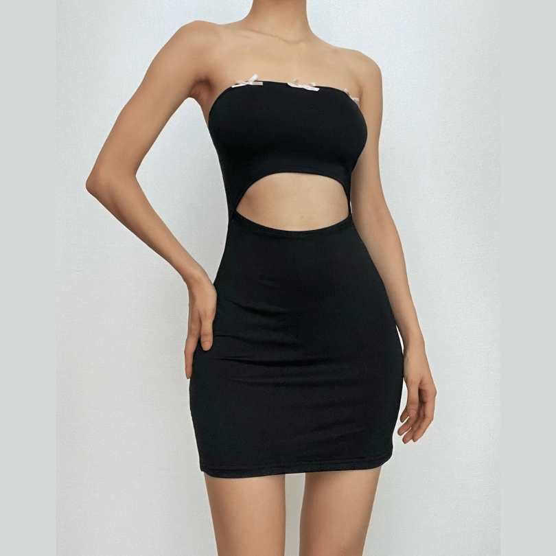 Strapless Bow Trim Midriff Cutout Bodycon Mini Dress