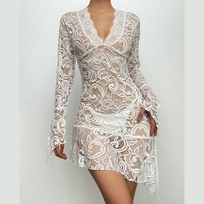 Floral Lace Bell Sleeve Handkerchief Hem V-Neck Mini Dress