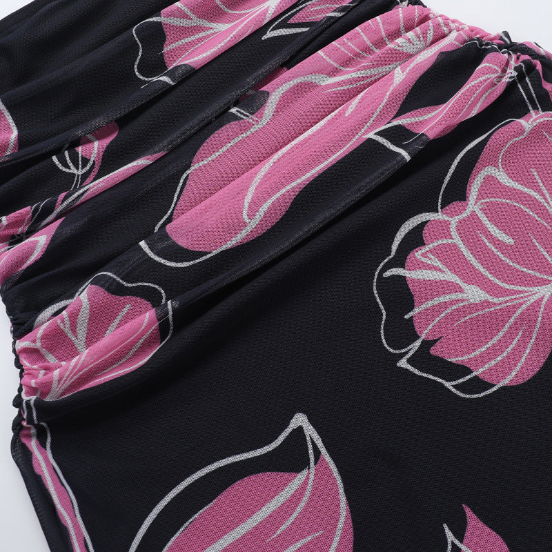 Strapless Ruched Floral Print Column Maxi Dress