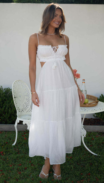 Spaghetti Strap Smocked Tie Tassel Side Cutout Tiered Crinkle Maxi Dress