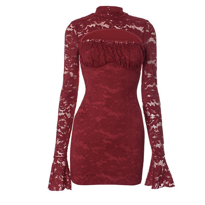Mock Neck Chest Cutout Floral Lace Bell Sleeve Bodycon Mini Dress