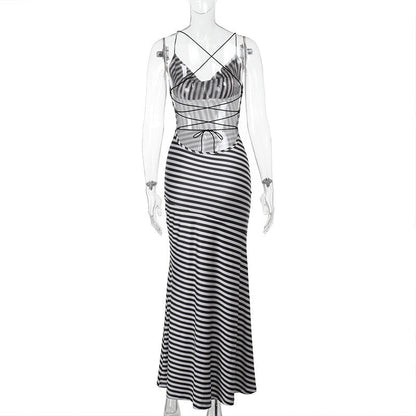 Cowl Neck Spaghetti Strap Chevron Stripe Bodycon Maxi Dress