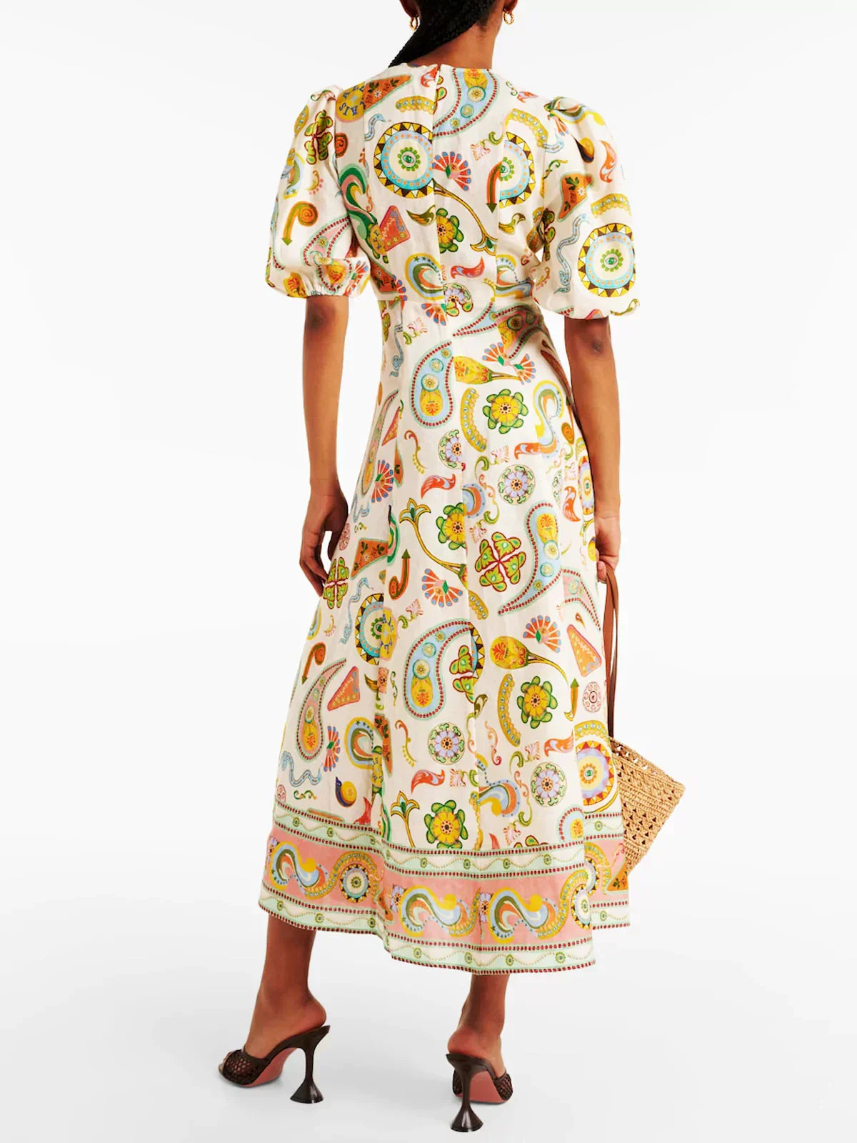 Eclectic Paisley Print Puff Sleeve Round Neck Midi Dress