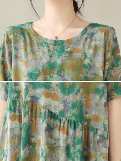Round Neck Short Sleeve Abstract Watercolor Diagonal Gathered Midi Dress