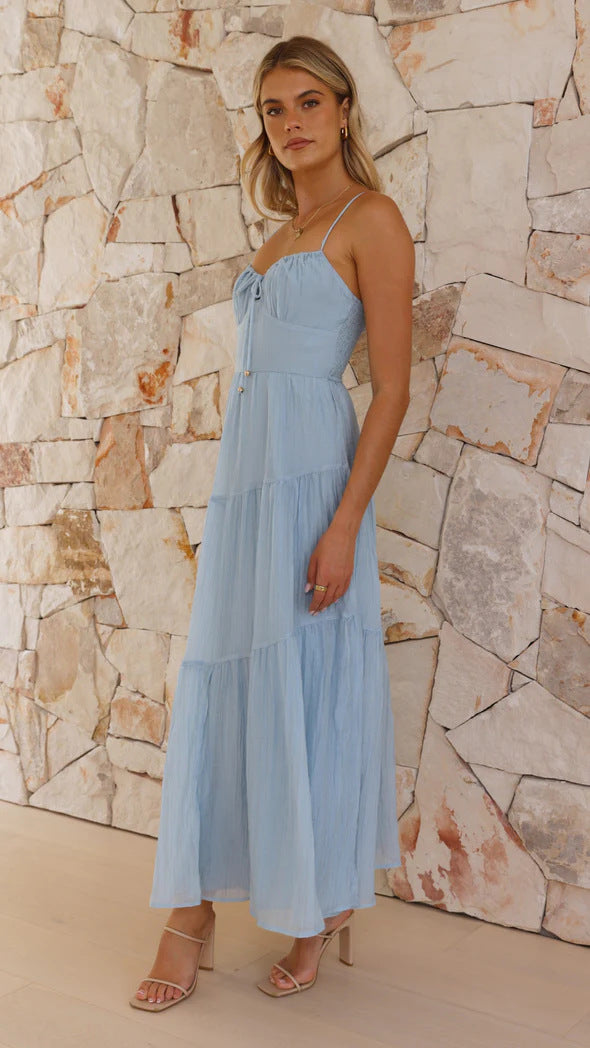 Spaghetti Strap Ruched Keyhole Empire Waist Tiered Crinkled Maxi Dress