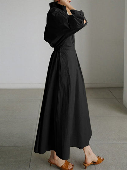 Long Sleeve Wrap Front Deep V-Neck Pleated Maxi Shirt Dress