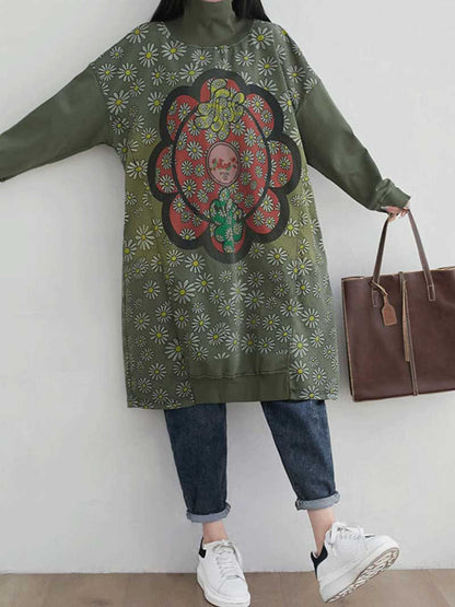 Turtleneck Floral Daisy Print Oversized Sweatshirt Midi Dress