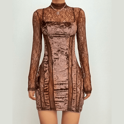 Mock Neck Lace Sleeve Velvet Panel Corset Bodice Mini Dress