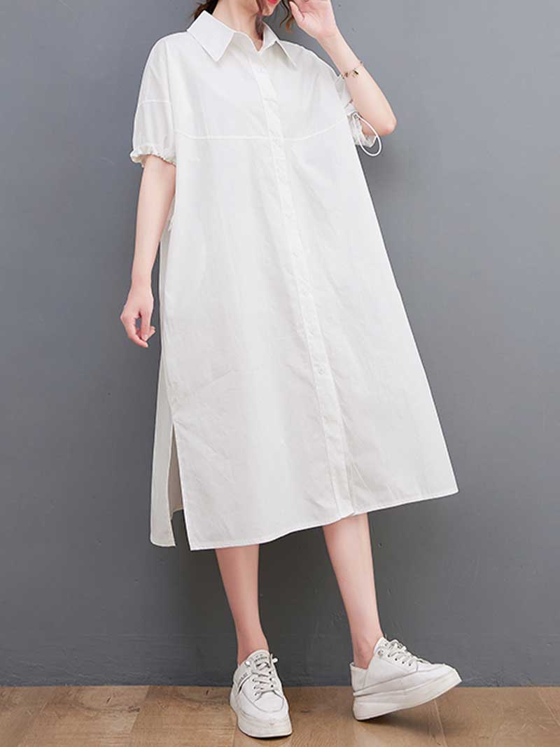 Pointed Collar Button Front Belted Cotton Shirt Midi Dress