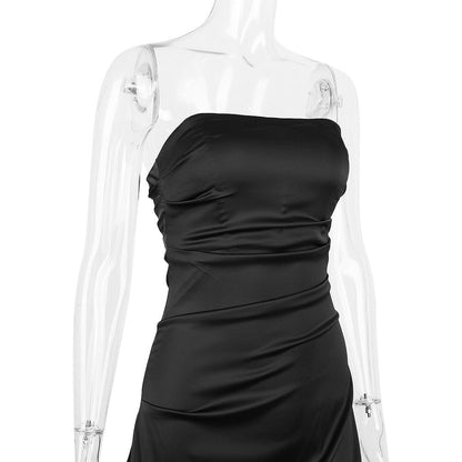 Strapless Ruched Asymmetric Hem Satin Mini Dress