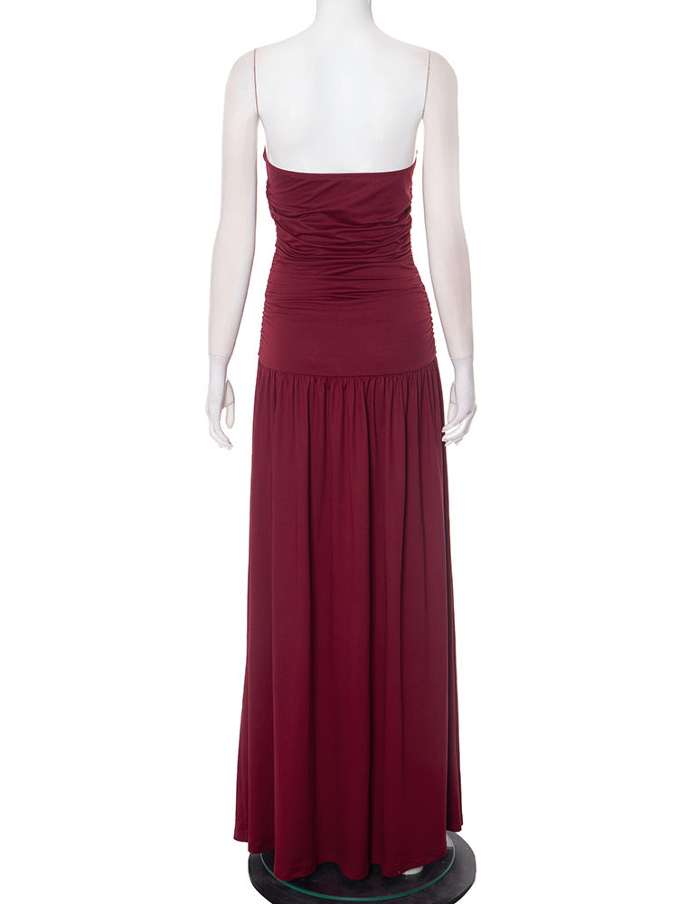 Strapless Ruched Bodice Flowy Gathered Skirt Floor Length Maxi Dress