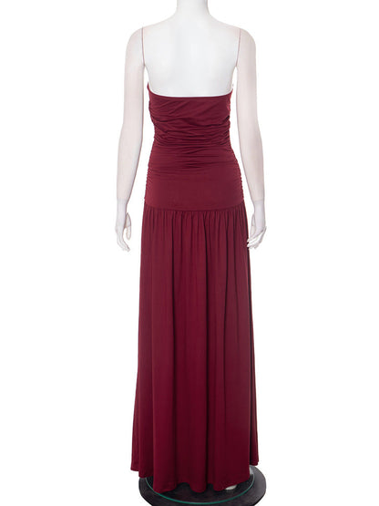 Strapless Ruched Bodice Flowy Gathered Skirt Floor Length Maxi Dress