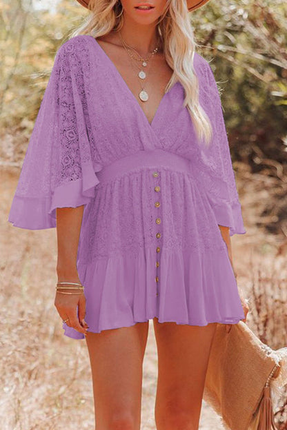 Lace Deep V-Neck Bell Sleeve Smocked Waist Button Front Ruffle Hem Mini Dress
