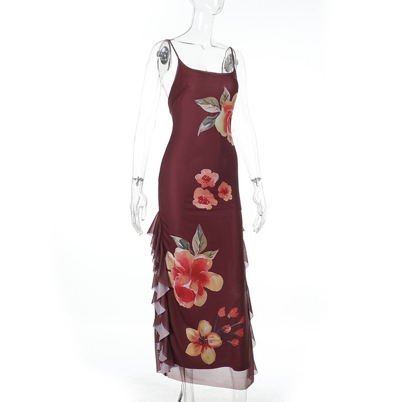 Spaghetti Strap Scoop Neck Side Ruffle Trim Floral Maxi Dress