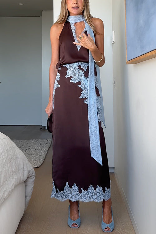 Sleeveless V Neck Lace Trim Satin Scarf Top