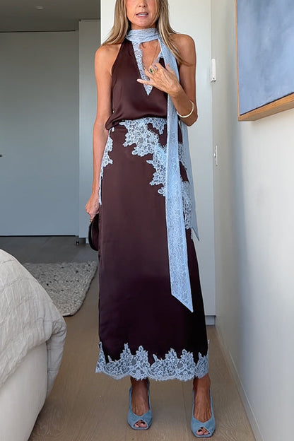 Sleeveless V Neck Lace Trim Satin Scarf Top