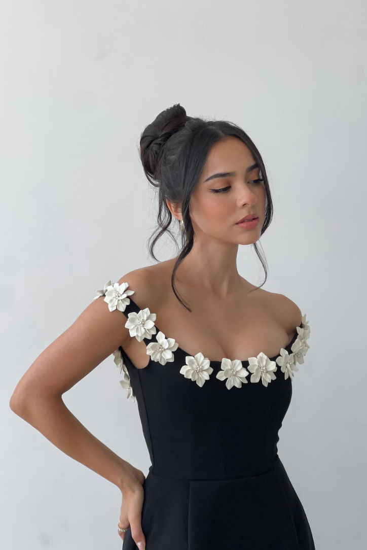 3D Floral Appliqué Neckline Sleeveless Tailored Flare Mini Dress