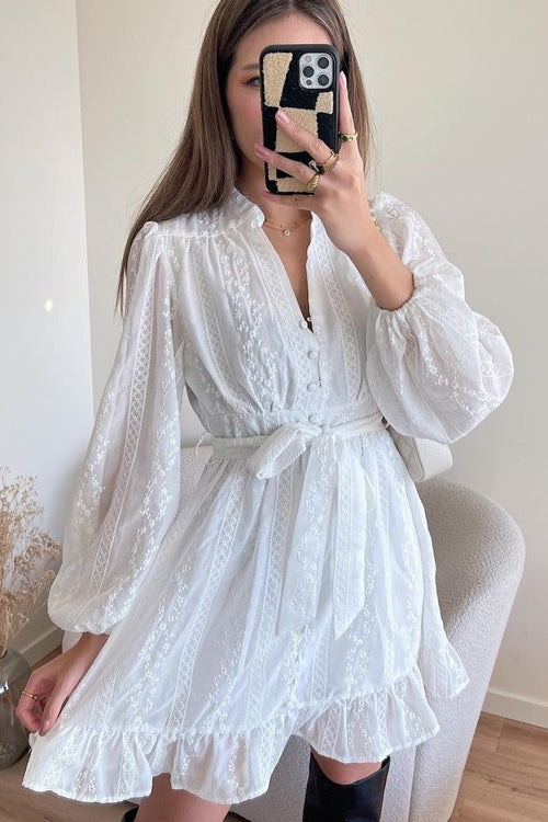 V Neck Long Sleeve Crochet Lace Button Front Belted Babydoll Mini Dress