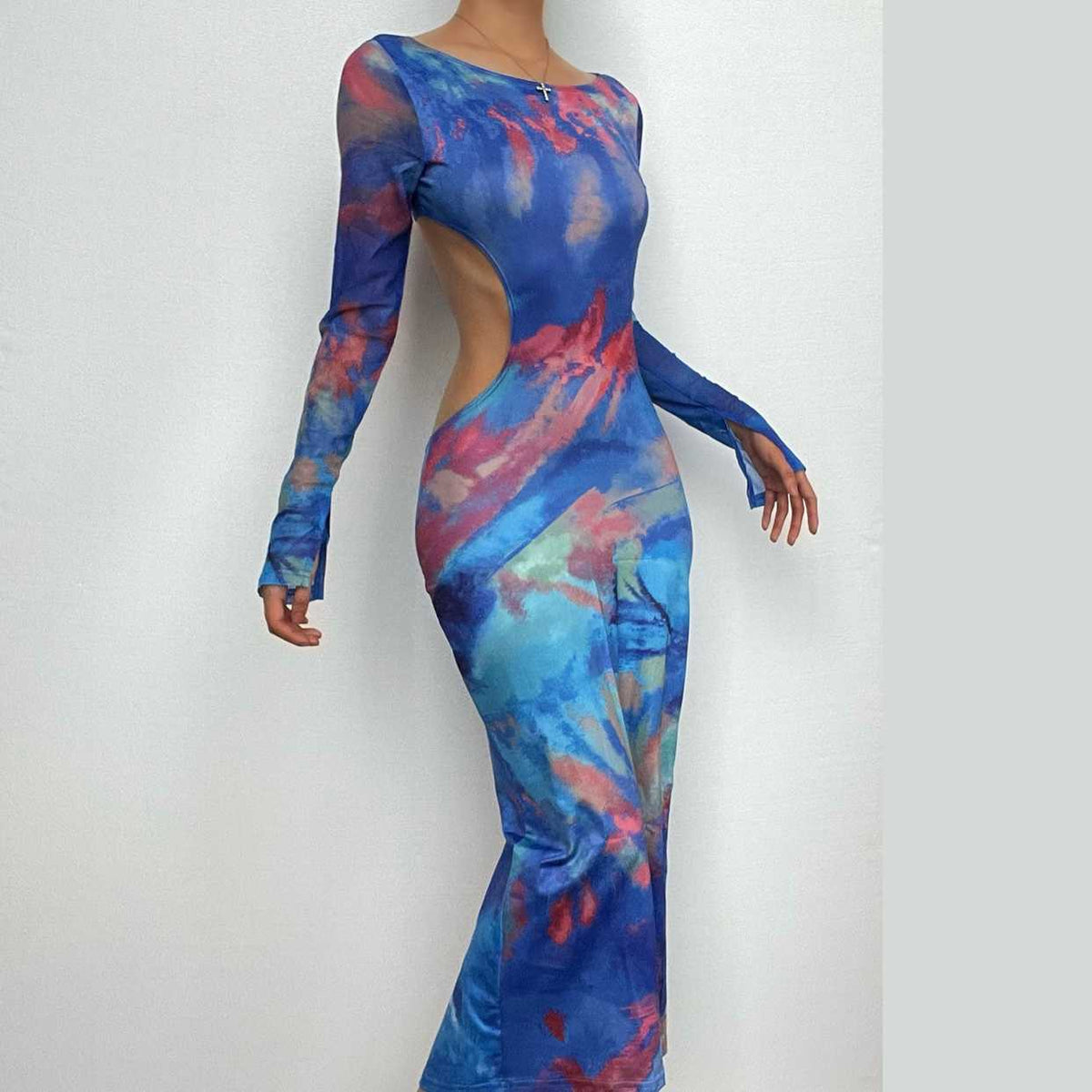 Abstract Watercolor Print Side Cutout Thumbhole Cuff Maxi Dress